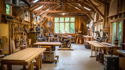 Poster - An expansive woodworking studio with handcrafted furniture and tools, Woodworker's haven amidst sawdust and woodworking machinery, Rustic craftsmanship style