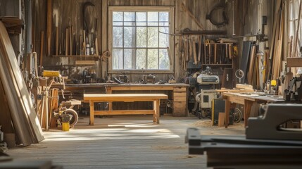 Poster - An expansive woodworking workshop with handcrafted furniture and tools, Woodworker's haven amidst sawdust and woodworking machinery, Rustic craftsmanship style