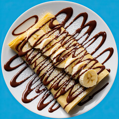 A top-view photo of a plate with folded crepes drizzled in chocolate sauce, garnished with powdered-sugar-dusted banana slices. The dish is served on a white plate against a bright blue background