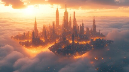 Canvas Print - Futuristic city floating, sunset clouds.