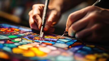 Aufkleber - An immersive stained glass studio with glass cutting tools, Intricate stained glass artworks in creation, Artistic workshop style