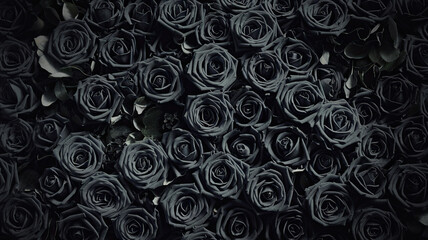 Wall Mural - Dense arrangement of black roses with intricate petal and leaf details creating a mesmerizing swirling pattern