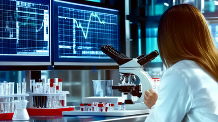Poster - A scientist analyzes data on dual monitors while using a microscope in a laboratory setting.