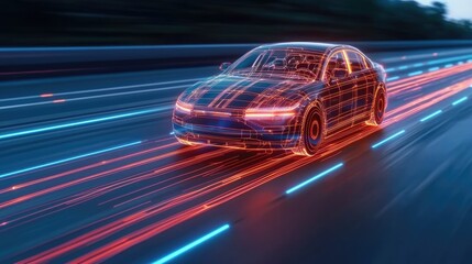 Poster - Dynamic electric car in motion futuristic highway digital art urban environment low angle view technology concept