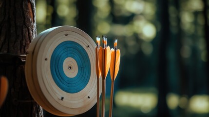 Poster - An intricate archery range setup, Bow and arrows neatly arranged against a forest backdrop, Traditional craftsmanship style