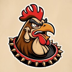 Sticker - Angry Rooster with Spiked Collar: A Fierce Cartoon Illustration