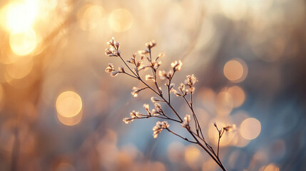 Wall Mural - Delicate winter branch illuminated by soft sunlight in a tranquil outdoor setting