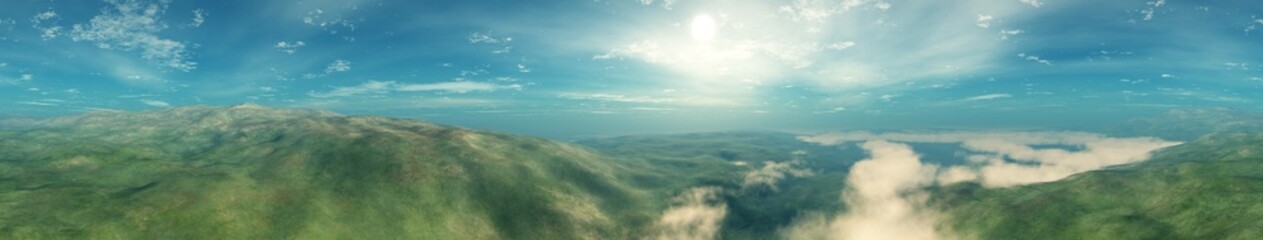 Wall Mural - Panorama of a landscape with hills from a height of flight, 3d rendering