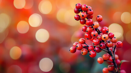 Wall Mural - Vibrant red berries shine against a colorful autumn background in natural light