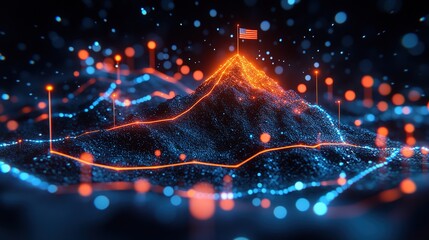 A mountain peak with a flag planted on top, surrounded by paths representing the journey of life.