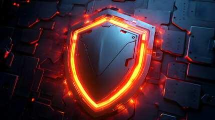 Poster - A glowing shield emblem on a textured dark background, symbolizing protection and security.