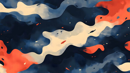 Poster - Abstract wavy pattern in navy, cream, and red hues, ideal for backgrounds or designs.