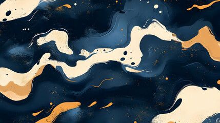 Poster - Abstract fluid art with navy, cream, and gold tones creating a dynamic visual flow.
