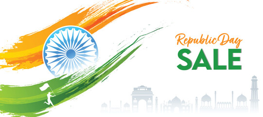 Wall Mural - Republic Day Sale Banner with Ashoka Wheel, Saffron and Green Brush Stroke on White Silhouette India Famous Monuments Background.