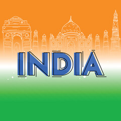 Wall Mural - India Republic Day Poster Design with Sketching Famous Monuments on Tricolor Background.