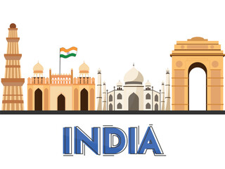 Wall Mural - Happy Republic Day Poster with India Famous Monuments on White Background.