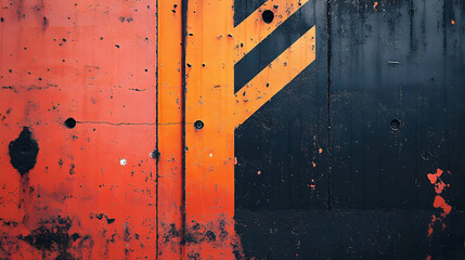 Poster - A textured wall featuring bold orange and black geometric patterns with signs of wear.