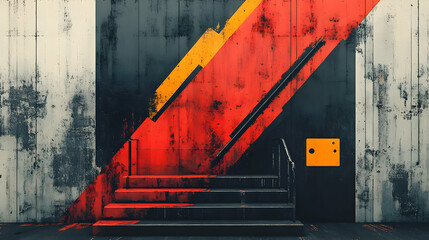 Poster - A vibrant mural on a concrete wall featuring bold red and yellow geometric shapes and stairs.