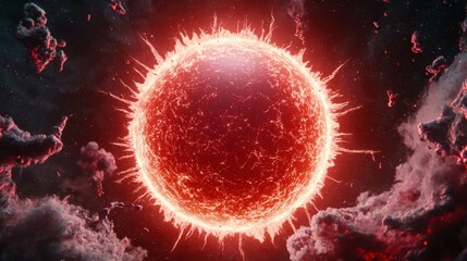 Poster - Fiery Red Sun Surrounded by Cosmic Clouds in Dark Space with Stellar Atmosphere