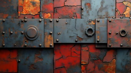 Poster - A textured surface featuring rusty metal plates with rivets and peeling paint.