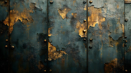 Poster - A textured surface with peeling paint and rust, showcasing a mix of blue and gold hues.