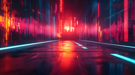 Poster - A futuristic alley with neon lights and digital patterns reflecting on wet surfaces.