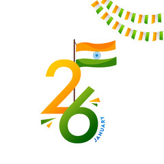 Wall Mural - 26 January Text with Indian Flag and Bunting Flag on PNG Background.