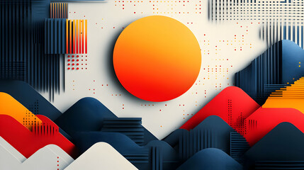 Poster - Abstract design featuring a large sun and layered mountains in vibrant colors.