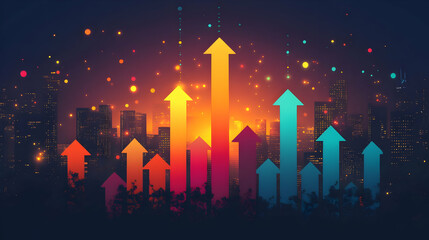 Poster - Abstract graphic of rising arrows against a city skyline at sunset, symbolizing growth.