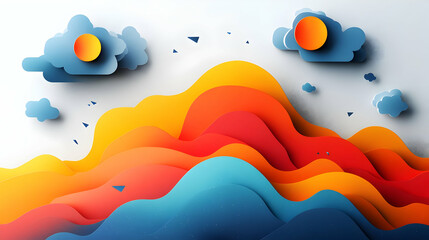 Poster - A vibrant, abstract landscape featuring colorful waves and stylized clouds and suns.
