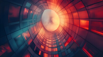 Poster - A dramatic upward view of a modern skyscraper's glass interior, reflecting vibrant colors.