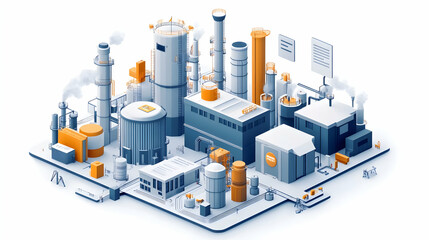 Poster - Industrial complex with various structures, pipes, and smoke, representing manufacturing processes.