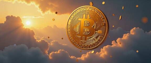 large gold bitcoin coin floating in a dramatic sky with clouds and a setting sun, symbolizing the ri