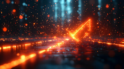 Poster - A glowing checkmark symbol amidst a futuristic, digital landscape with particles.