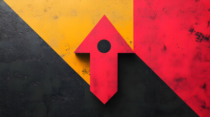 Poster - A stylized arrow symbol on a textured background of yellow, red, and black colors.