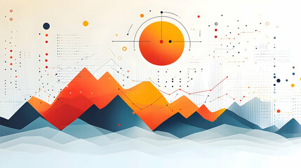 Poster - Abstract landscape with geometric mountains, sun, and data visualization elements.