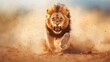 © Pojjanee - Powerful Lion Running in Dusty Landscape with Intense Expression and Majestic Mane