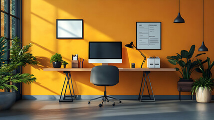 Poster - A modern home office with a stylish desk, computer, and plants against an orange wall.