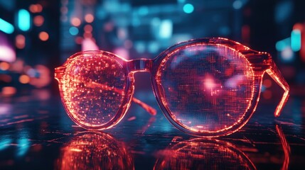 Glowing red digital eyeglasses; futuristic technology.