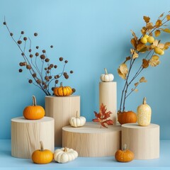 Wall Mural - Autumn still life with pumpkins and branches on wooden stands.