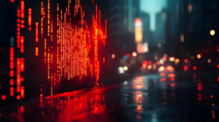 Poster - A vibrant urban scene with a digital display reflecting lights on a rainy street.