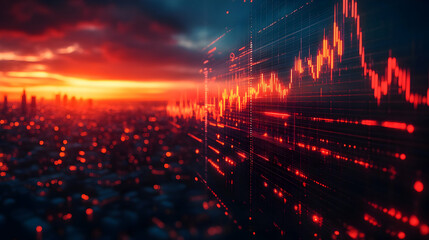Poster - A digital stock market graph overlays a city skyline at sunset.