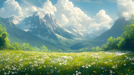 Sticker - A serene landscape featuring mountains, a vibrant meadow, and fluffy clouds.