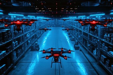 Poster - Drone operations in high-tech warehouse futuristic environment aerial surveillance innovative technology
