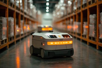 Poster - Autonomous delivery robots operating in warehouse industrial setting futuristic technology aisle view