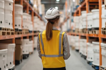 Poster - Warehouse operations worker inspecting inventory in industrial setting focused on safety and efficiency