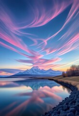 Wall Mural - Pink and blue clouds streak across a vibrant sunset sky, reflected in a calm lake with snowcapped mountains in the distance. A peaceful, idyllic scene