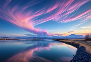 Wall Mural - Pink and blue clouds streak across a vibrant sunset sky, reflected in a calm lake with snowcapped mountains in the distance. A peaceful, idyllic scene