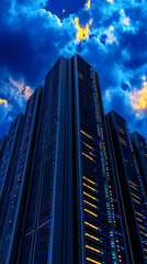 Aufkleber - A towering skyscraper under a dramatic blue and orange sky at dusk