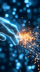 Aufkleber - A glowing hand reaches towards a burst of sparks against a blue background